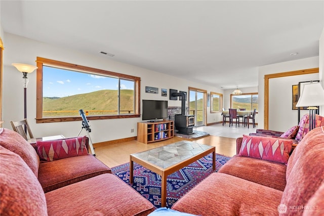 427 Rendezvous Rd, Winthrop, WA 98862 - living room with a wood stove and wood finished floors