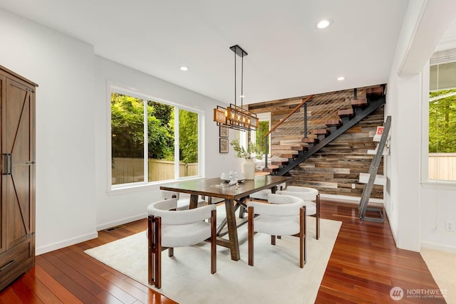 4213 249th Ct SE, Sammamish, WA 98029 - dining area featuring stairs, dark wood-style flooring, healthy amount of natural light, and recessed lighting