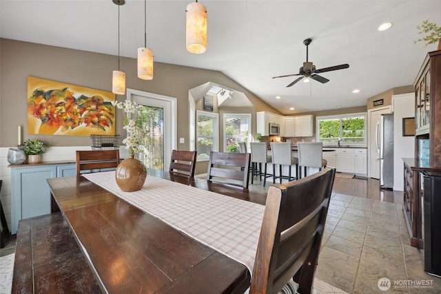 1910 Lenox Ct NW, Olympia, WA 98502 - dining space featuring ceiling fan, vaulted ceiling, and recessed lighting