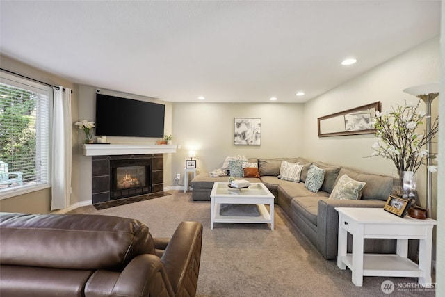 1910 Lenox Ct NW, Olympia, WA 98502 - living room with carpet, a tile fireplace, and recessed lighting
