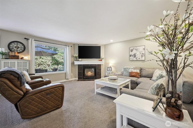 1910 Lenox Ct NW, Olympia, WA 98502 - carpeted living area with a tile fireplace and recessed lighting