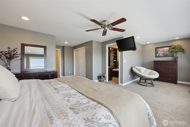 1910 Lenox Ct NW, Olympia, WA 98502 - bedroom featuring carpet, recessed lighting, ensuite bath, a ceiling fan, and a closet