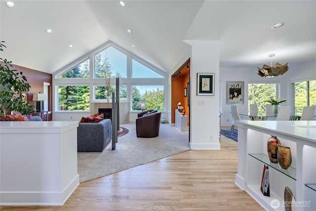 63 Red Cedar Ln, Port Ludlow, WA 98365 - living area featuring lofted ceiling, light wood-type flooring, a glass covered fireplace, and recessed lighting