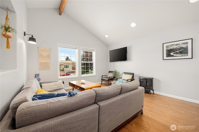 244 N Emerson Ave, Wenatchee, WA 98801 - living area featuring beam ceiling, light wood-style floors, recessed lighting, and high vaulted ceiling