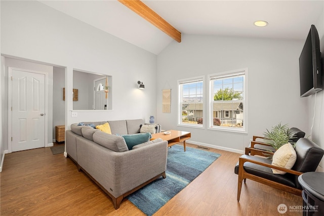 244 N Emerson Ave, Wenatchee, WA 98801 - living room featuring beamed ceiling, light wood-style floors, and high vaulted ceiling