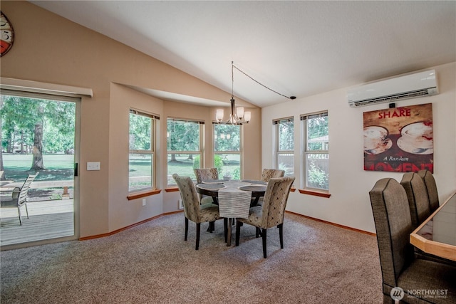 180N Mount Christie Dr, Hoodsport, WA 98548 - dining space featuring a wall unit AC, vaulted ceiling, a chandelier, carpet flooring, and plenty of natural light