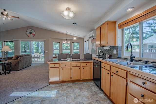 180N Mount Christie Dr, Hoodsport, WA 98548 - kitchen featuring black dishwasher, a peninsula, a sink, open floor plan, and an AC wall unit