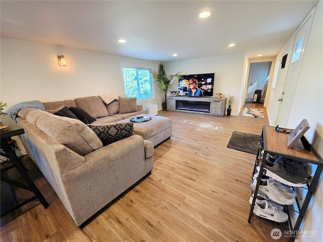 255 S Union Rd, Elma, WA 98541 - living room with light wood-style floors, a glass covered fireplace, and recessed lighting