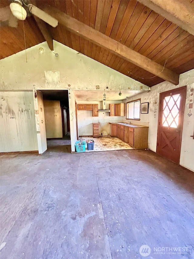 5072 View Rd, Langley, WA 98260 - unfurnished living room with wood ceiling and a ceiling fan