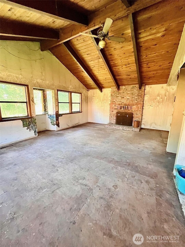 5072 View Rd, Langley, WA 98260 - unfurnished living room featuring wood ceiling, a ceiling fan, concrete floors, and a brick fireplace