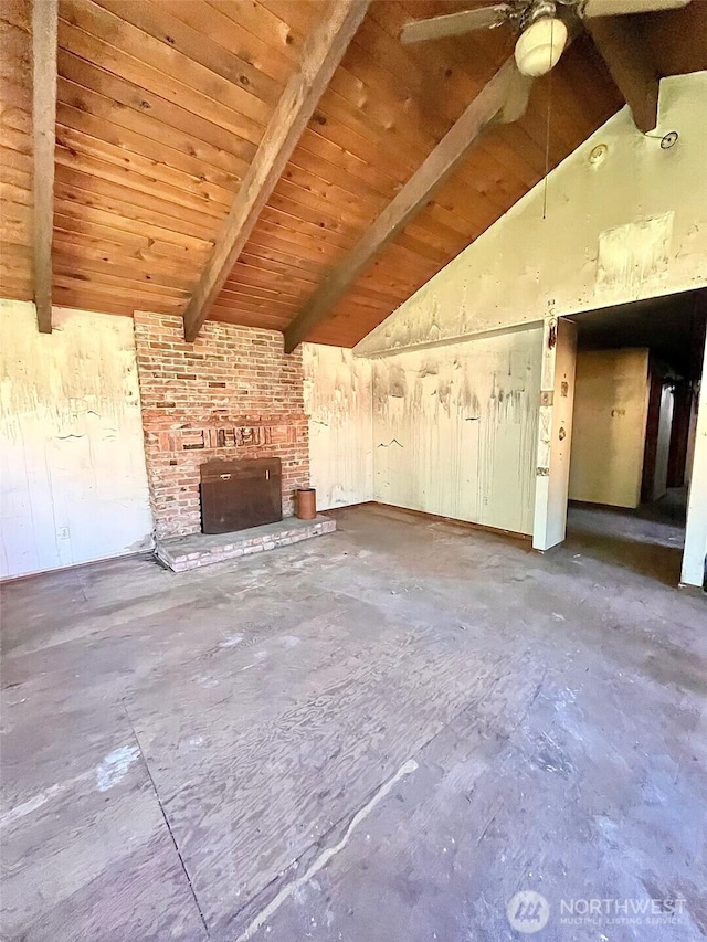 5072 View Rd, Langley, WA 98260 - unfurnished living room featuring ceiling fan, a brick fireplace, a wooden ceiling with exposed beams, and high vaulted ceiling