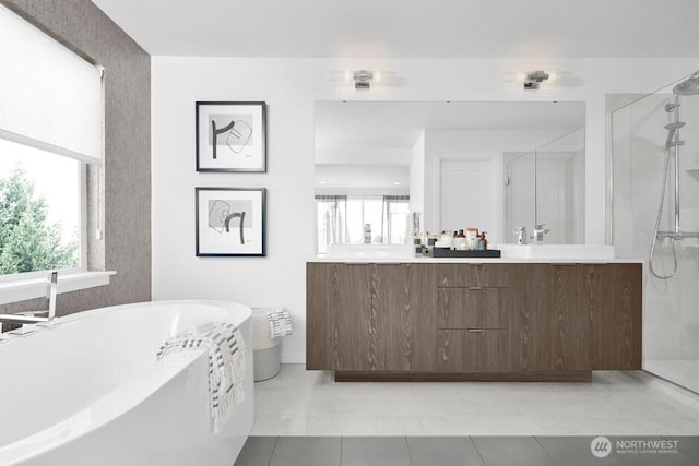 3907 199th Pl SE, Bothell, WA 98012 - bathroom featuring a shower stall, double vanity, a tub to relax in, and tile patterned flooring
