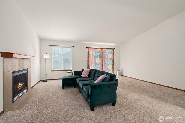 134 Wind River Dr, Chehalis, WA 98532 - living room with light colored carpet, a tile fireplace, and baseboards