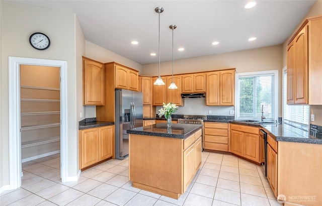 17713 92nd Ave E, Puyallup, WA 98375 - kitchen with stainless steel appliances, under cabinet range hood, a center island, light tile patterned floors, and recessed lighting