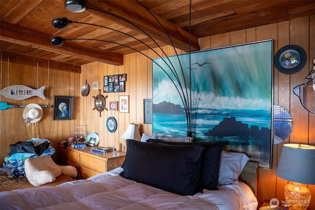 450 Olympus Blvd, Port Ludlow, WA 98365 - bedroom featuring wooden ceiling with exposed beams and wood walls
