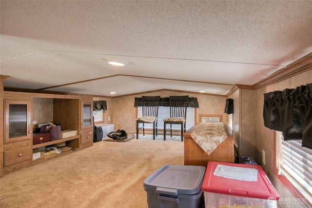 2685 E Hoquiam Rd, Hoquiam, WA 98550 - bedroom featuring carpet, a textured ceiling, vaulted ceiling, and ornamental molding