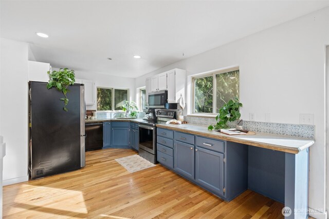 415 Sudden Valley Dr, Bellingham, WA 98229 - kitchen featuring stainless steel appliances, blue cabinets, light wood-style flooring, light countertops, and recessed lighting