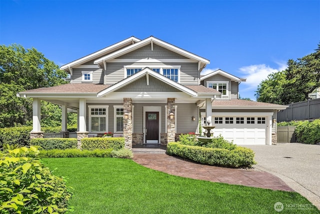 8418SE 44th St, Mercer Island, WA 98040 - craftsman house with driveway, a porch, a shingled roof, and stone siding