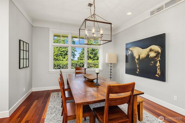 8418SE 44th St, Mercer Island, WA 98040 - dining room featuring a chandelier, baseboards, ornamental molding, wood finished floors, and recessed lighting