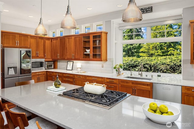 8418SE 44th St, Mercer Island, WA 98040 - kitchen featuring stainless steel appliances, a sink, light countertops, glass insert cabinets, and tasteful backsplash