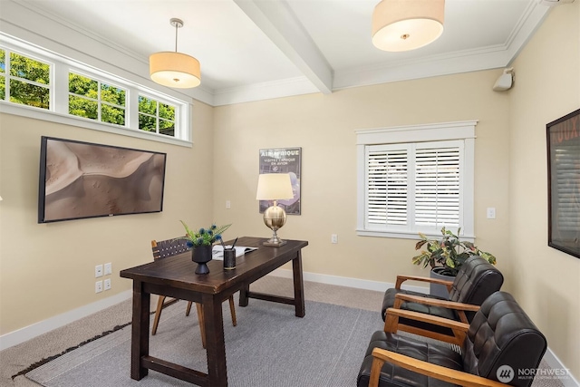8418SE 44th St, Mercer Island, WA 98040 - carpeted office space with ornamental molding, baseboards, and beam ceiling