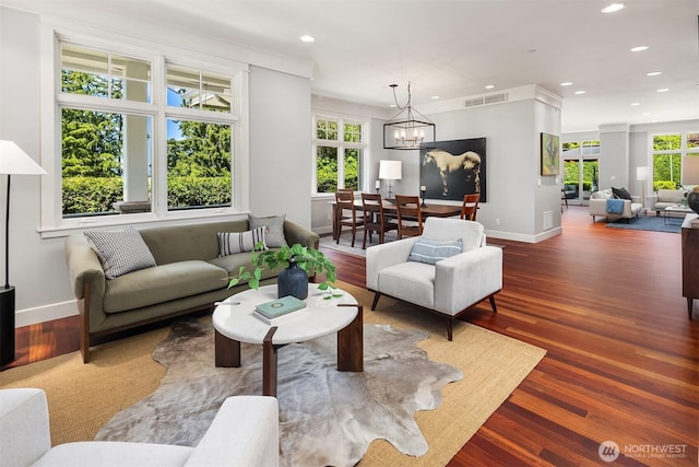 8418SE 44th St, Mercer Island, WA 98040 - living area featuring recessed lighting, baseboards, a chandelier, and wood finished floors