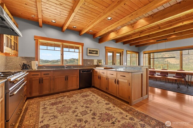 67 Goudy Grade Rd, Winthrop, WA 98862 - kitchen featuring dishwasher, high end stainless steel range, wall chimney range hood, a peninsula, and wood ceiling with exposed beams