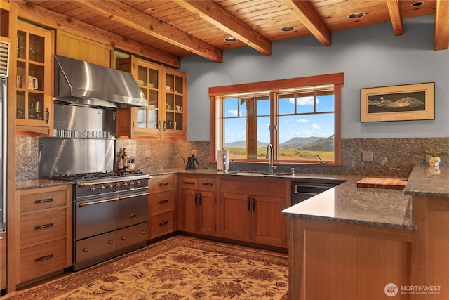 67 Goudy Grade Rd, Winthrop, WA 98862 - kitchen with exhaust hood, wood ceiling with exposed beams, double oven range, a sink, and brown cabinetry