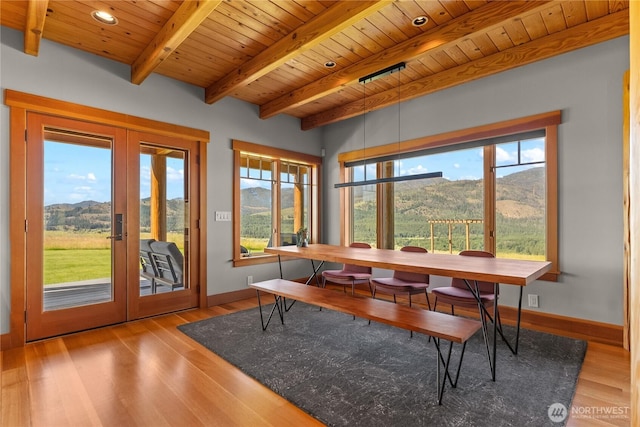 67 Goudy Grade Rd, Winthrop, WA 98862 - dining space with wood ceiling with exposed beams, a mountain view, wood finished floors, and baseboards