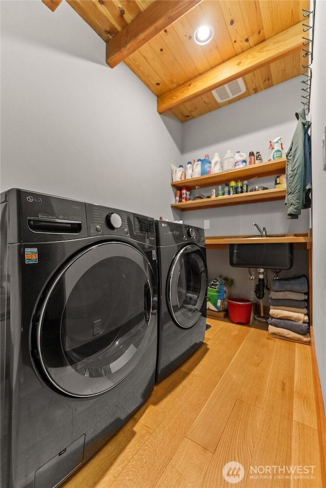 67 Goudy Grade Rd, Winthrop, WA 98862 - washroom featuring wooden ceiling, washing machine and dryer, and wood finished floors