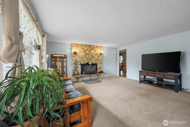 236 Newaukum Valley Rd, Chehalis, WA 98532 - carpeted living area featuring a textured ceiling and a stone fireplace