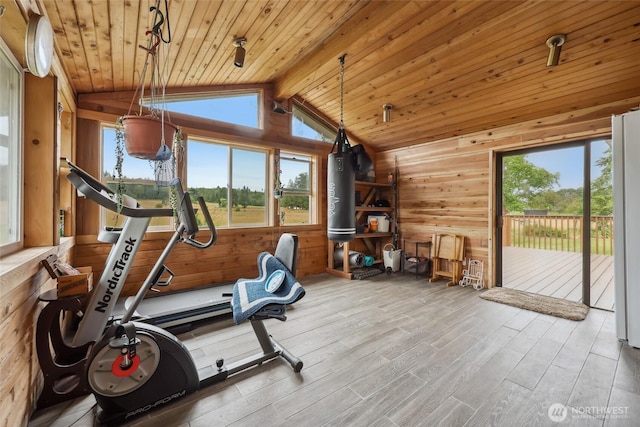 236 Newaukum Valley Rd, Chehalis, WA 98532 - workout room with wooden ceiling, vaulted ceiling, and wood finished floors