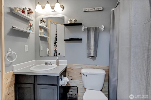 17642 Vine Ln SE, Yelm, WA 98597 - bathroom featuring vanity, toilet, and curtained shower