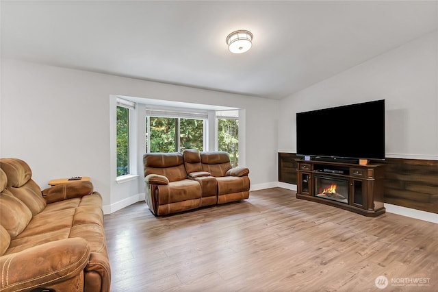 17642 Vine Ln SE, Yelm, WA 98597 - living room featuring vaulted ceiling, wood finished floors, and baseboards
