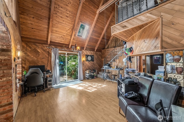 17924 E Clear Lake Blvd SE, Yelm, WA 98597 - living area featuring wood walls, high vaulted ceiling, a wooden ceiling with exposed beams, wood finished floors, and an office area