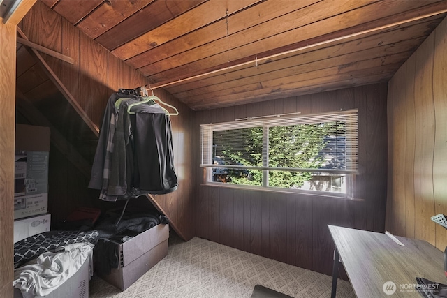 17924 E Clear Lake Blvd SE, Yelm, WA 98597 - miscellaneous room featuring lofted ceiling, wooden ceiling, wood walls, and carpet floors