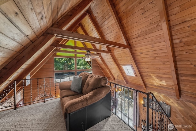 17924 E Clear Lake Blvd SE, Yelm, WA 98597 - living area featuring wooden ceiling, wooden walls, and a ceiling fan