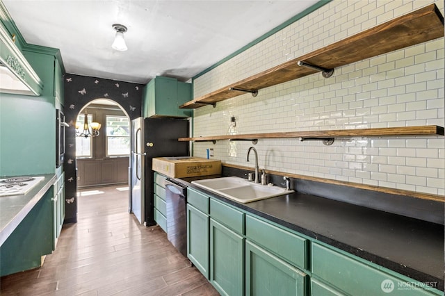 223 Carswell Dr, Moses Lake, WA 98837 - kitchen featuring green cabinets, a sink, open shelves, and stainless steel appliances