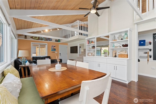 255 Lake Front Rd, Orondo, WA 98843 - dining space featuring a ceiling fan, stairway, dark wood-style flooring, high vaulted ceiling, and a wood ceiling with exposed beams