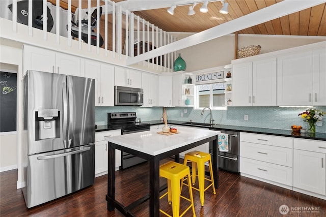 255 Lake Front Rd, Orondo, WA 98843 - kitchen with stainless steel appliances, open shelves, wood ceiling, lofted ceiling, and dark countertops
