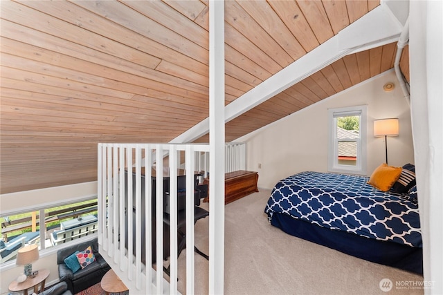 255 Lake Front Rd, Orondo, WA 98843 - bedroom featuring wood ceiling, lofted ceiling, and carpet flooring