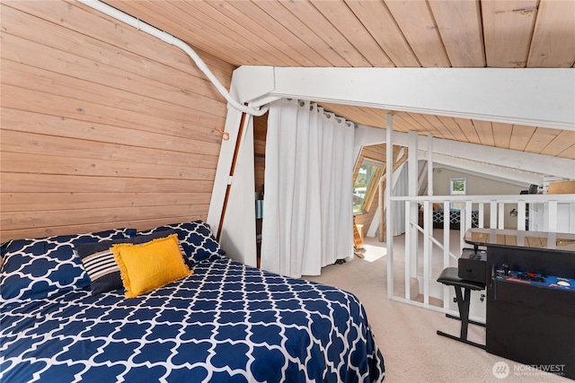255 Lake Front Rd, Orondo, WA 98843 - carpeted bedroom featuring lofted ceiling, wooden ceiling, and wood walls