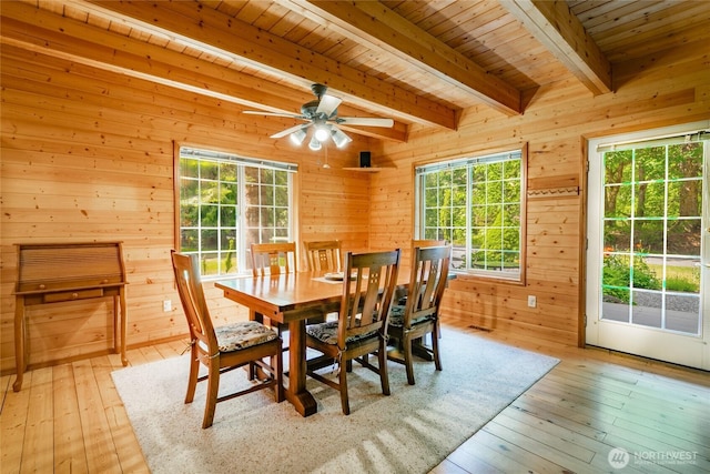 14030 Shuksan Rim Dr, Glacier, WA 98244 - dining room with a wooden ceiling with exposed beams, wooden walls, light wood finished floors, and ceiling fan