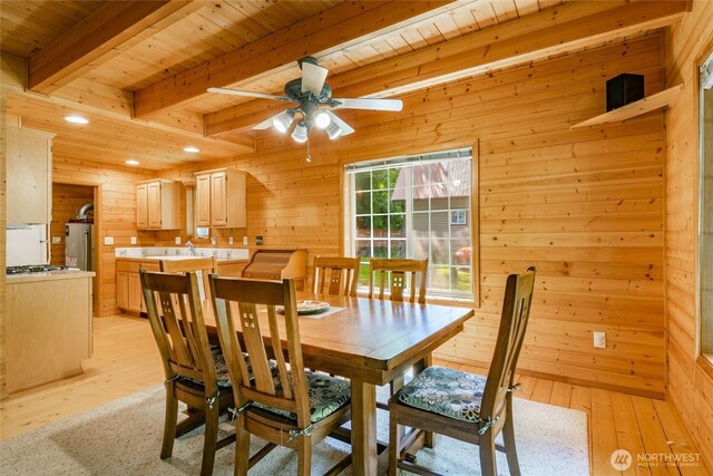 14030 Shuksan Rim Dr, Glacier, WA 98244 - dining space featuring wooden walls, a wooden ceiling with exposed beams, light wood-style floors, ceiling fan, and recessed lighting