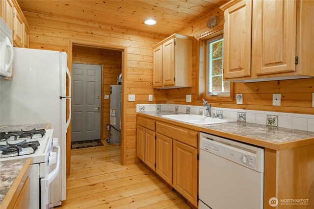 14030 Shuksan Rim Dr, Glacier, WA 98244 - kitchen with white appliances, light wood-style floors, wood walls, light brown cabinets, and tile counters