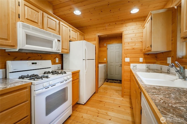 14030 Shuksan Rim Dr, Glacier, WA 98244 - kitchen with white appliances, light wood-style flooring, wood ceiling, light brown cabinetry, and recessed lighting