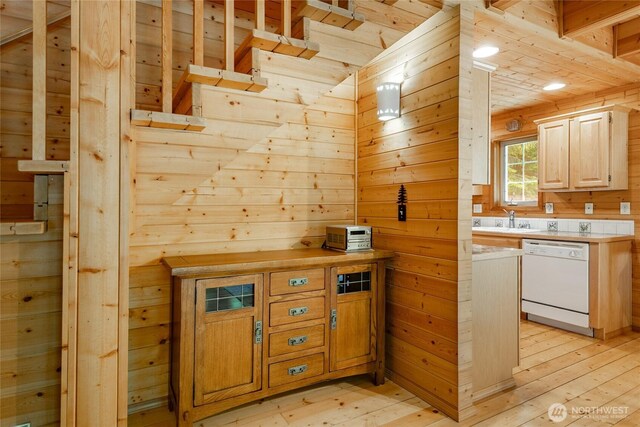 14030 Shuksan Rim Dr, Glacier, WA 98244 - kitchen featuring dishwasher, light countertops, wooden walls, light wood-style floors, and recessed lighting