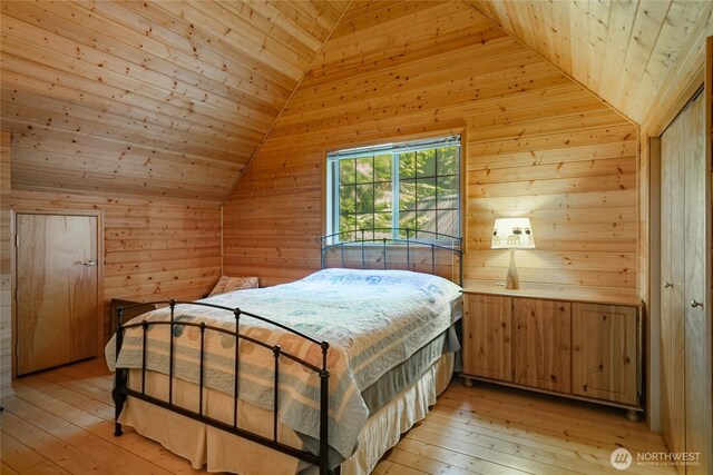 14030 Shuksan Rim Dr, Glacier, WA 98244 - bedroom featuring vaulted ceiling, wood walls, wooden ceiling, and light wood-type flooring