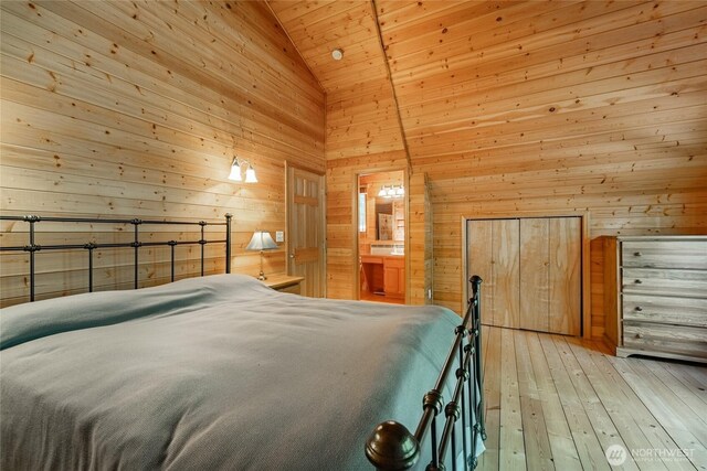 14030 Shuksan Rim Dr, Glacier, WA 98244 - bedroom featuring wood walls, wood ceiling, light wood-style flooring, and high vaulted ceiling
