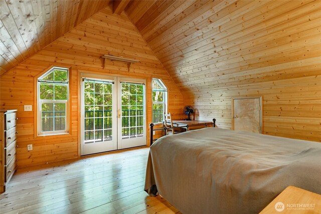 14030 Shuksan Rim Dr, Glacier, WA 98244 - bedroom with lofted ceiling, wooden ceiling, wood walls, access to exterior, and light wood-style floors